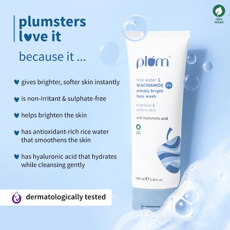 Plum 2% Niacinamide Simply Bright Face Wash With Rice Water 100 ml | Brightens Skin, Helps Fade Blemishes | Softens & Smoothens Skin | Gentle & Non-Drying | Women & Men | 100% Vegan Plum 2% Niacinamide Simply Bright Face Wash With Rice Water 100 ml | Brightens Skin, Helps Fade Blemishes | Softens & Smoothens Skin | Gentle & Non-Drying | Women & Men | 100% Vegan
