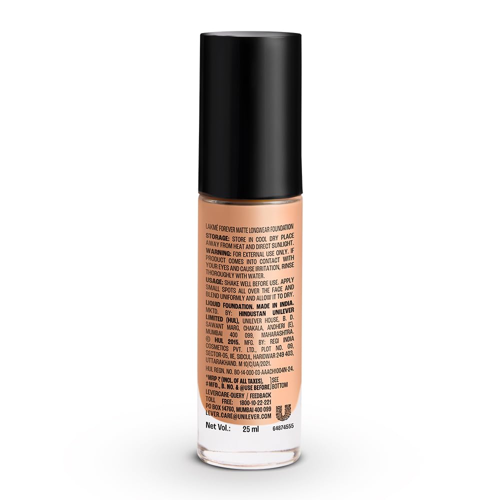 Lakme Forever Matte Longwear Foundation with SPF 15 and Active Niacinamide | Brightens Skin | Long Lasting Matte Finish - 25 ml