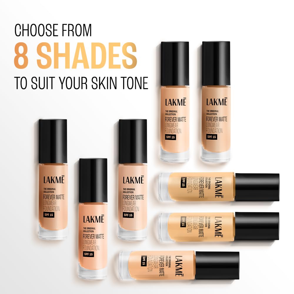Lakme Forever Matte Longwear Foundation with SPF 15 and Active Niacinamide | Brightens Skin | Long Lasting Matte Finish - 25 ml
