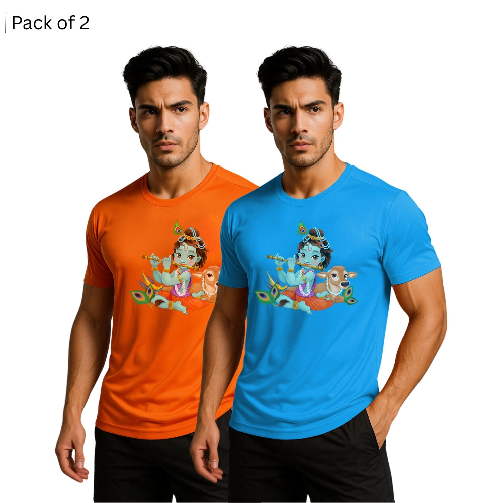 Printed Men Solid Round Neck Polyester T-Shirt (Pack of 2)