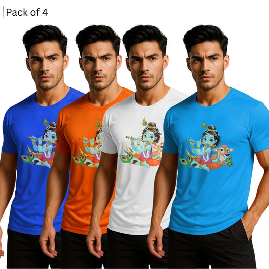 Printed Men Solid Round Neck Polyester T-Shirt (Pack of 4)