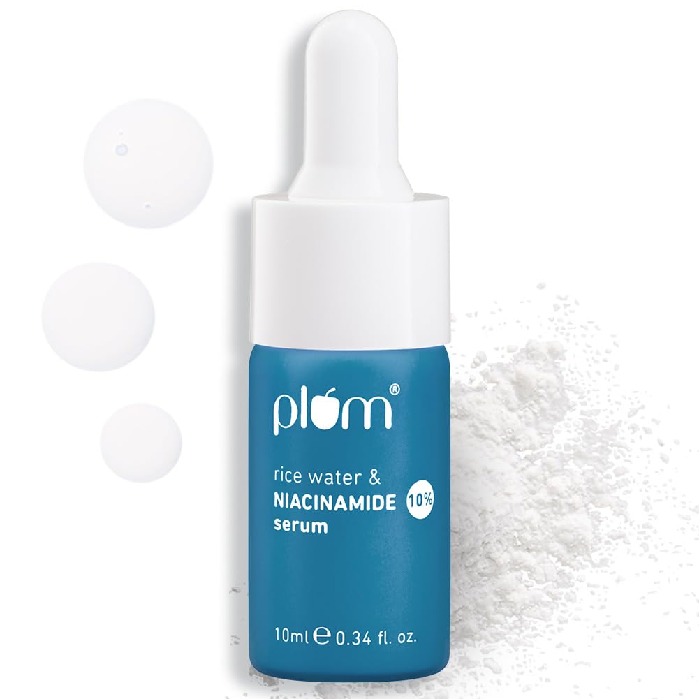 Plum 10% Niacinamide Serum with Rice Water | Provides Clear, Glowing & Brightening Skin | for Acne Prone, Combination, Oily & Sensitive Skin | Oil Control & Anti Acne Face Serum for Women & Men | 10ml