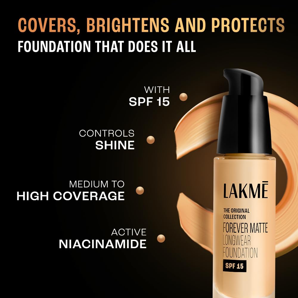 Lakme Forever Matte Longwear Foundation with SPF 15 and Active Niacinamide | Brightens Skin | Long Lasting Matte Finish - 25 ml
