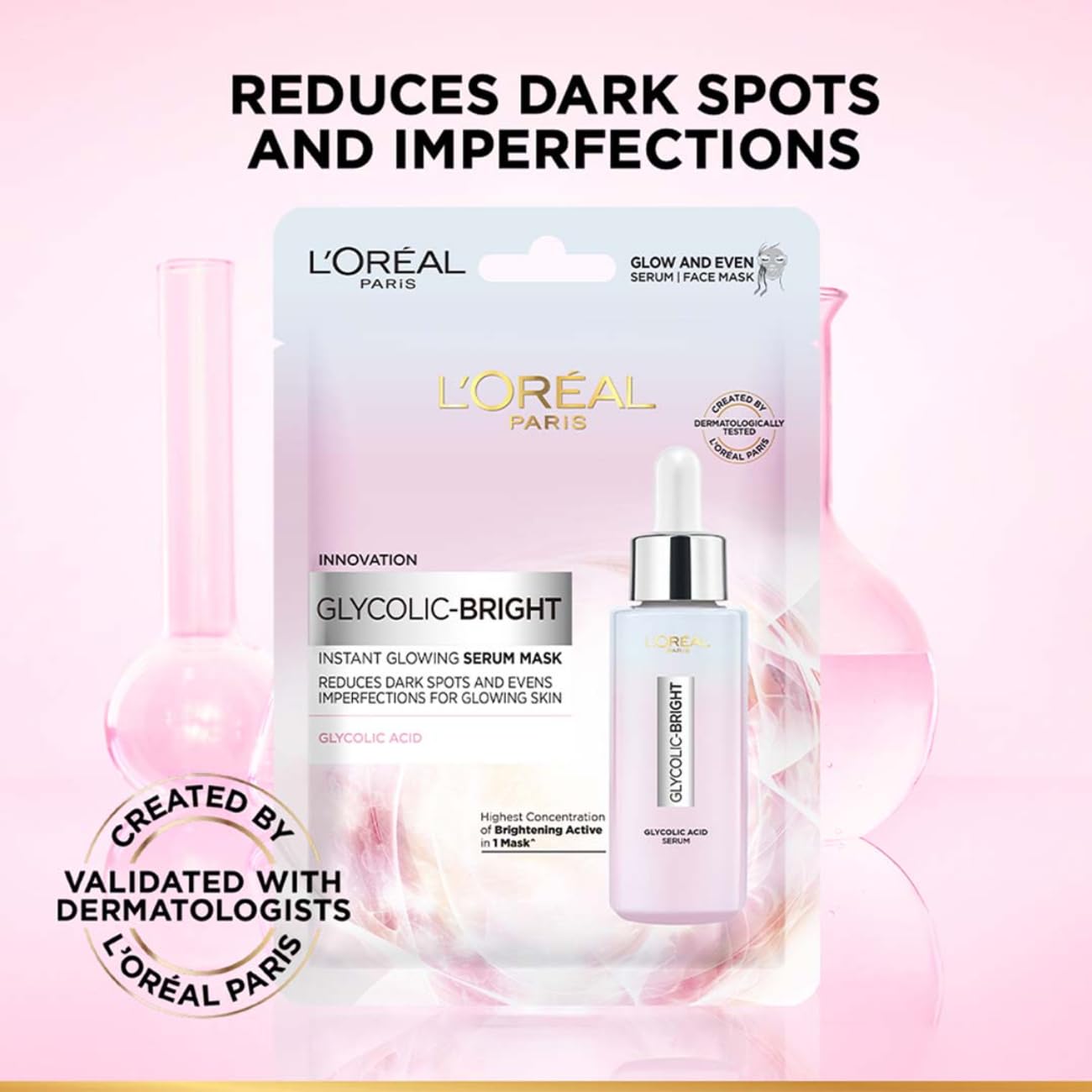L'OREAL PROFESSIONNEL PARIS Glycolic Bright Glowing Serum Sheet Mask, Face Mask For Glowing Skin, 22 G