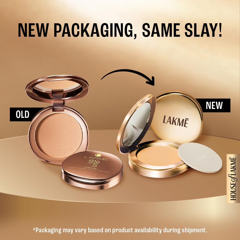 Lakme 9 to 5 Flawless Matte Complexion Compact Powder, Almond, Absorbs Oil, Conceals & Gives Radiant Skin - All Day Matte Finish Face Makeup, 8 g