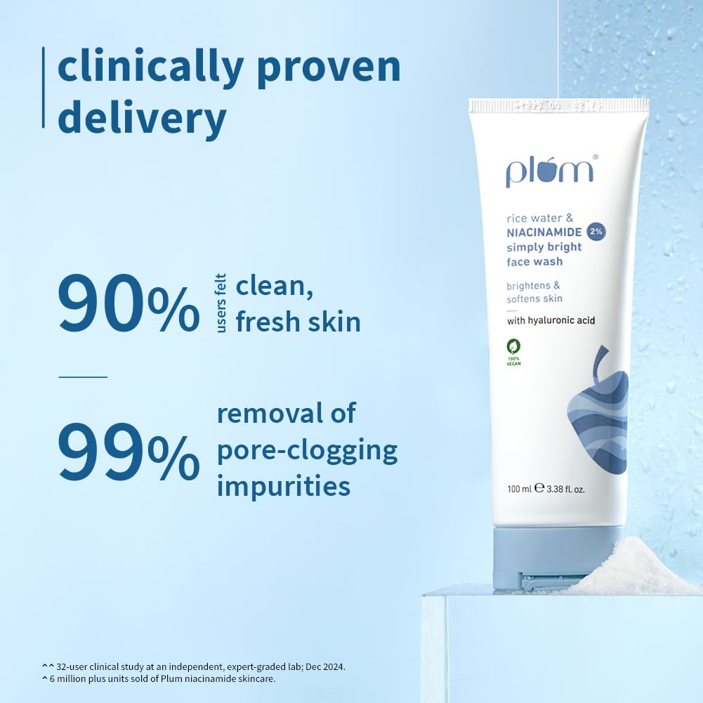 Plum 2% Niacinamide Simply Bright Face Wash With Rice Water 100 ml | Brightens Skin, Helps Fade Blemishes | Softens & Smoothens Skin | Gentle & Non-Drying | Women & Men | 100% Vegan