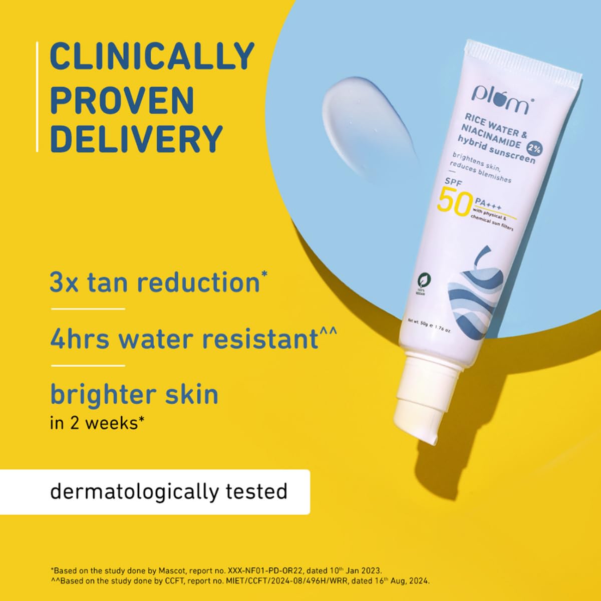 Plum 2% Niacinamide Sunscreen SPF 50 PA++++ With Rice Water | 4-hr Water Resistant | 3x Tan Reduction & Brightens | No White Cast, Lightweight, Non-Sticky | Dermatologically Tested | All Skin Types | Women & Men | 100% Vegan | 50g