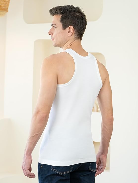 Men's White Round Neck Sleeveless Cotton Vest (Pack of 3)