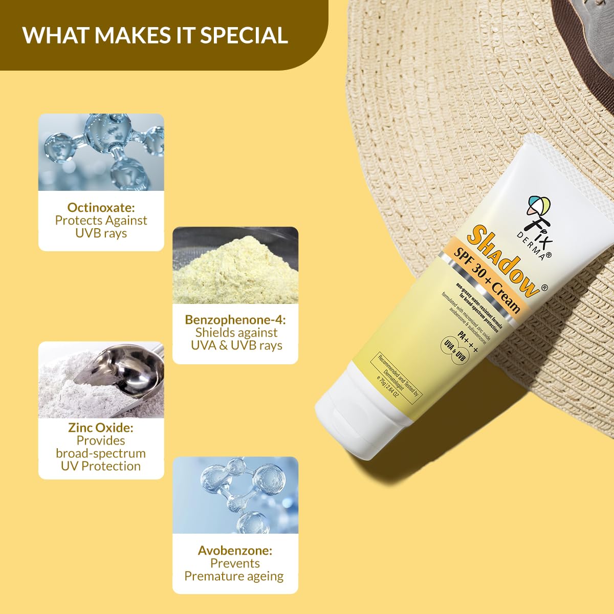 Fixderma Shadow Sunscreen SPF 30+ PA+++ Cream For Dry Skin | Broad Spectrum For UVA & UVB Protection | Non-Greasy | Water Resistant | No White Cast | Sunscreen For Dry Skin | For Men & Women | 75g