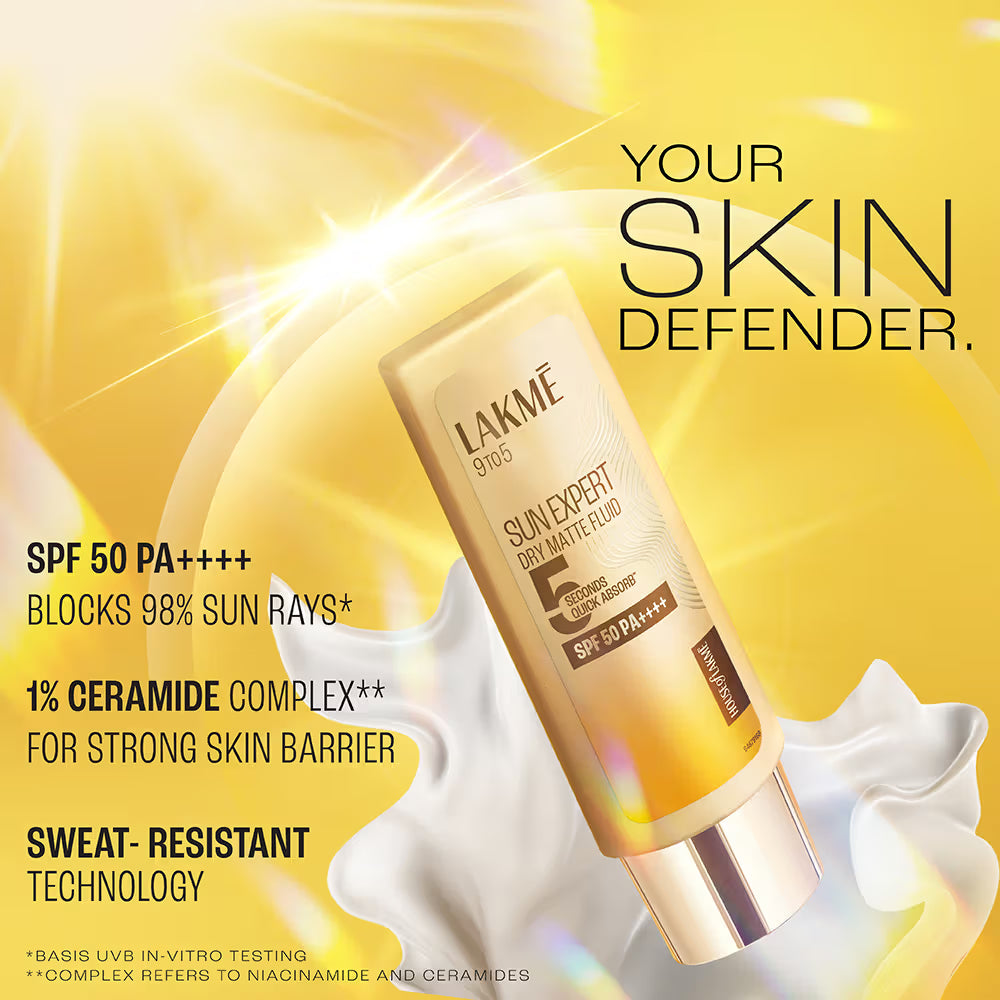 Lakme Sun Expert Dry Matte Fluid SPF 50++++ Sunscreen with 1% niacinamide & ceramide, for oily skin & combination skin 50ml