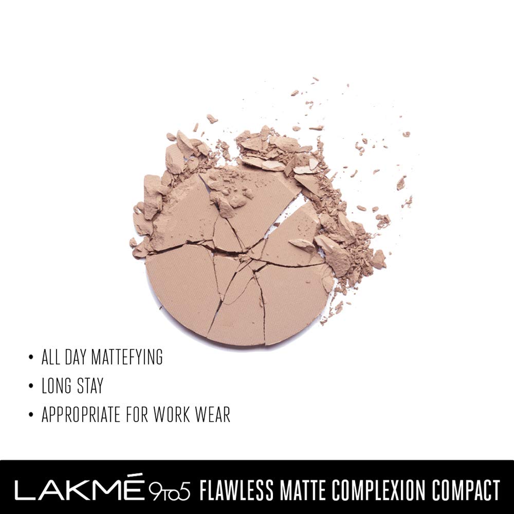 Lakme 9 to 5 Flawless Matte Complexion Compact Powder, Almond, Absorbs Oil, Conceals & Gives Radiant Skin - All Day Matte Finish Face Makeup, 8 g