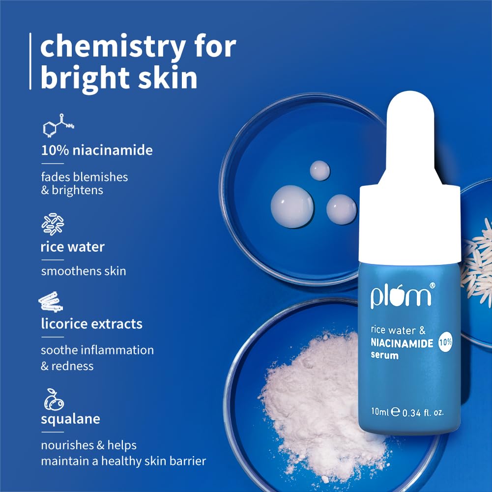 Plum 10% Niacinamide Serum with Rice Water | Provides Clear, Glowing & Brightening Skin | for Acne Prone, Combination, Oily & Sensitive Skin | Oil Control & Anti Acne Face Serum for Women & Men | 10ml
