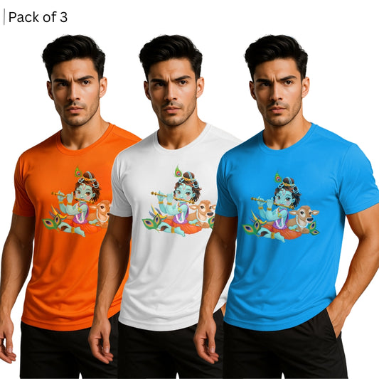 Printed Men Solid Round Neck Polyester T-Shirt (Pack of 3)