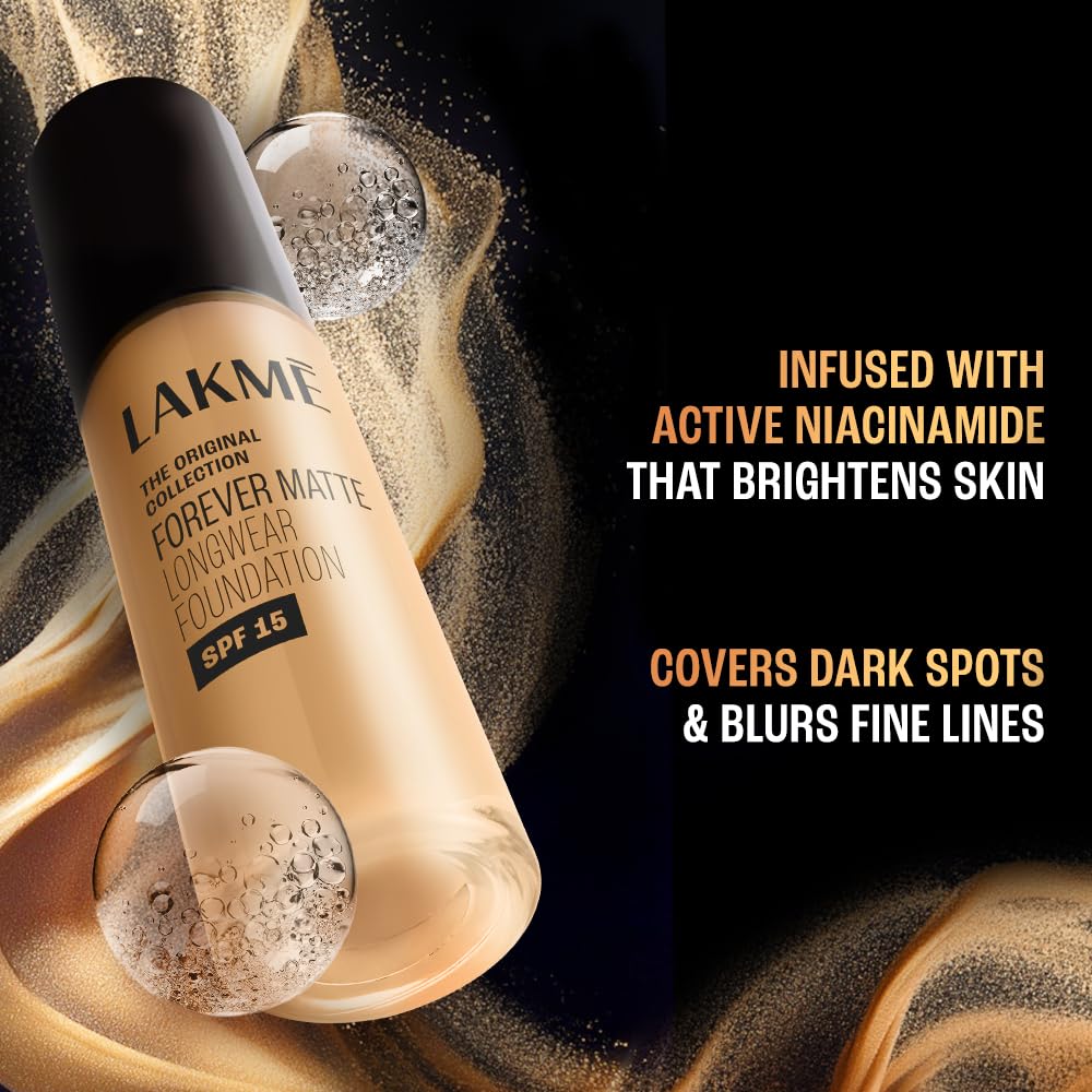 Lakme Forever Matte Longwear Foundation with SPF 15 and Active Niacinamide | Brightens Skin | Long Lasting Matte Finish - 25 ml