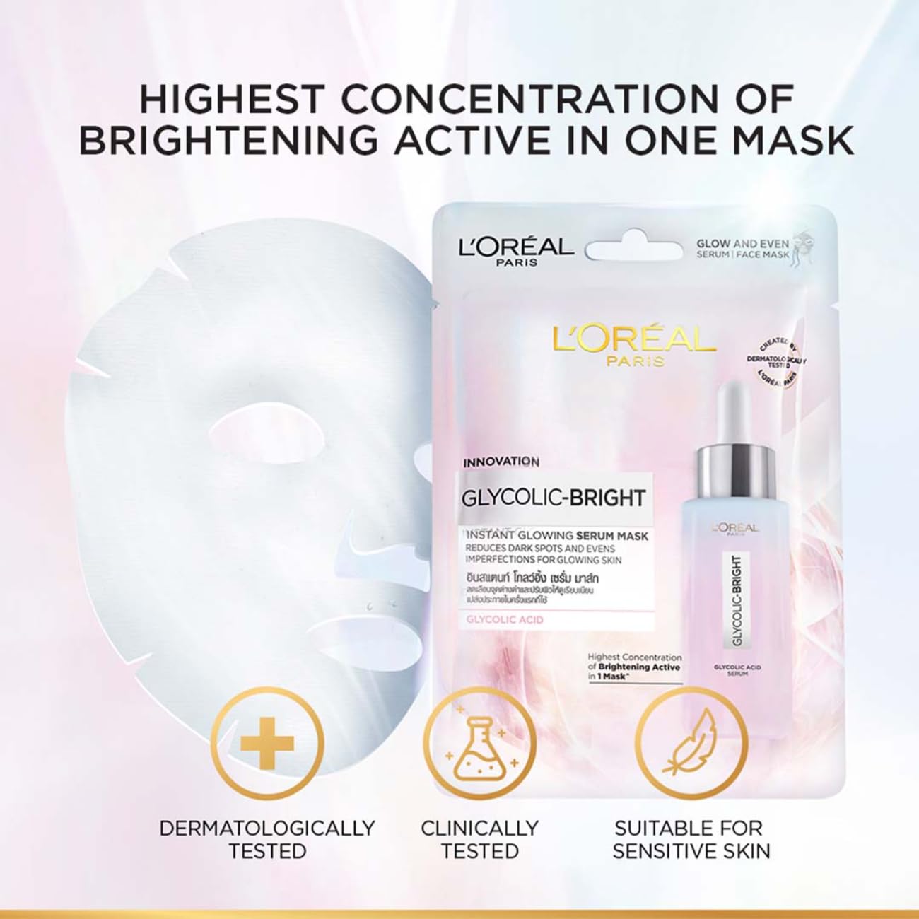 L'OREAL PROFESSIONNEL PARIS Glycolic Bright Glowing Serum Sheet Mask, Face Mask For Glowing Skin, 22 G