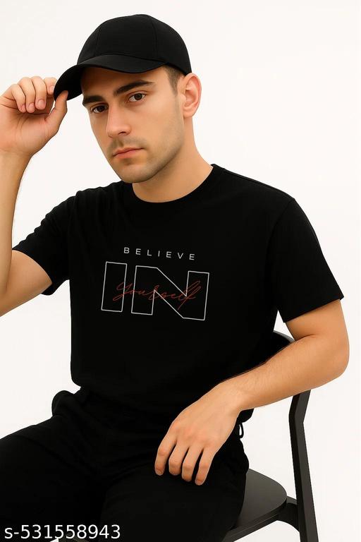 Men's Black Motivational T-Shirt with Stylish Print