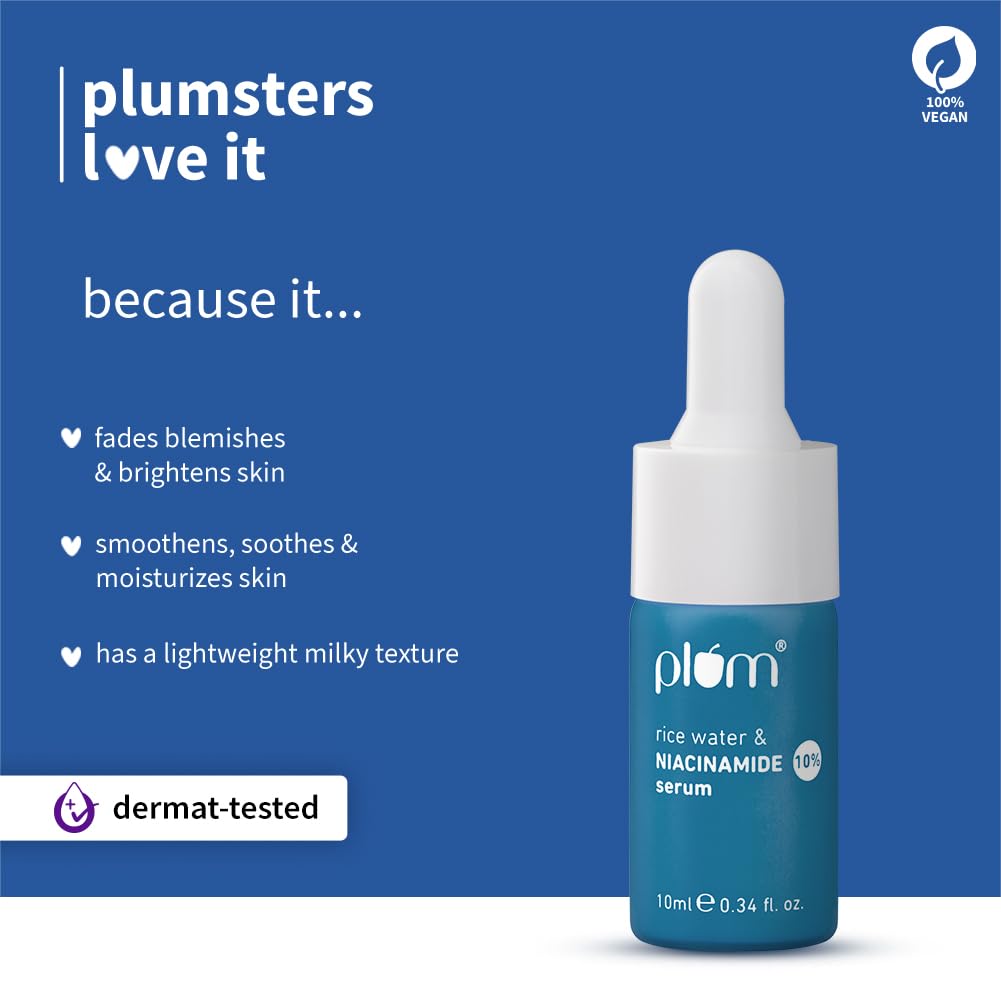 Plum 10% Niacinamide Serum with Rice Water | Provides Clear, Glowing & Brightening Skin | for Acne Prone, Combination, Oily & Sensitive Skin | Oil Control & Anti Acne Face Serum for Women & Men | 10ml