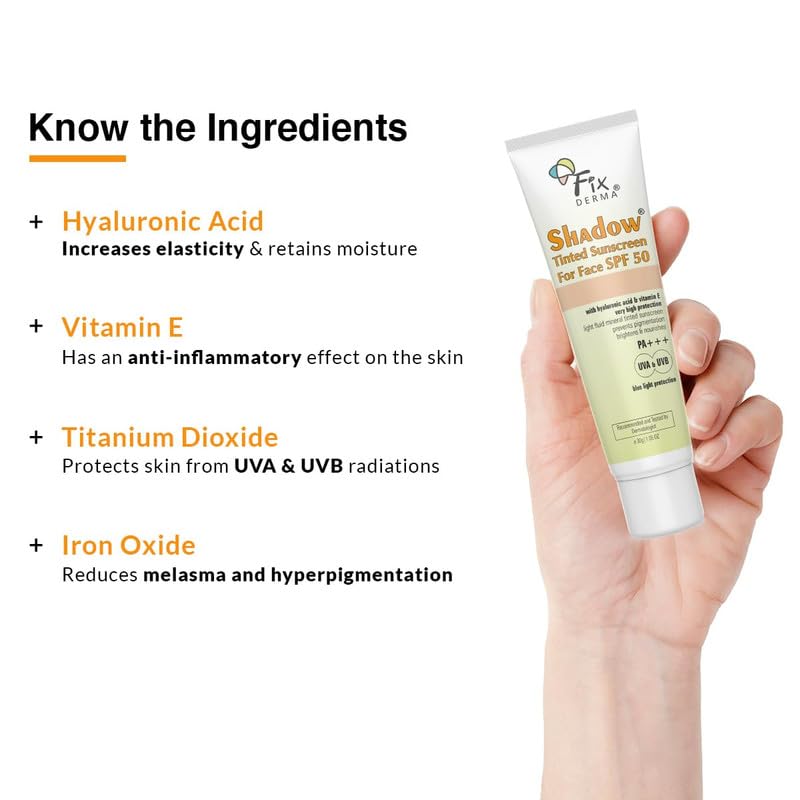 Fixderma Shadow Tinted Sunscreen SPF 50 PA+++ | Sunscreen with Vitamin E I Even Tone I Tinted Foundation Like Finish I UVA & UVB Protection | Lightweight, Broad Spectrum Protection I For All Skin Types - 30gm