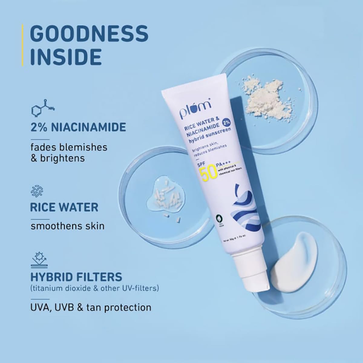 Plum 2% Niacinamide Sunscreen SPF 50 PA++++ With Rice Water | 4-hr Water Resistant | 3x Tan Reduction & Brightens | No White Cast, Lightweight, Non-Sticky | Dermatologically Tested | All Skin Types | Women & Men | 100% Vegan | 50g