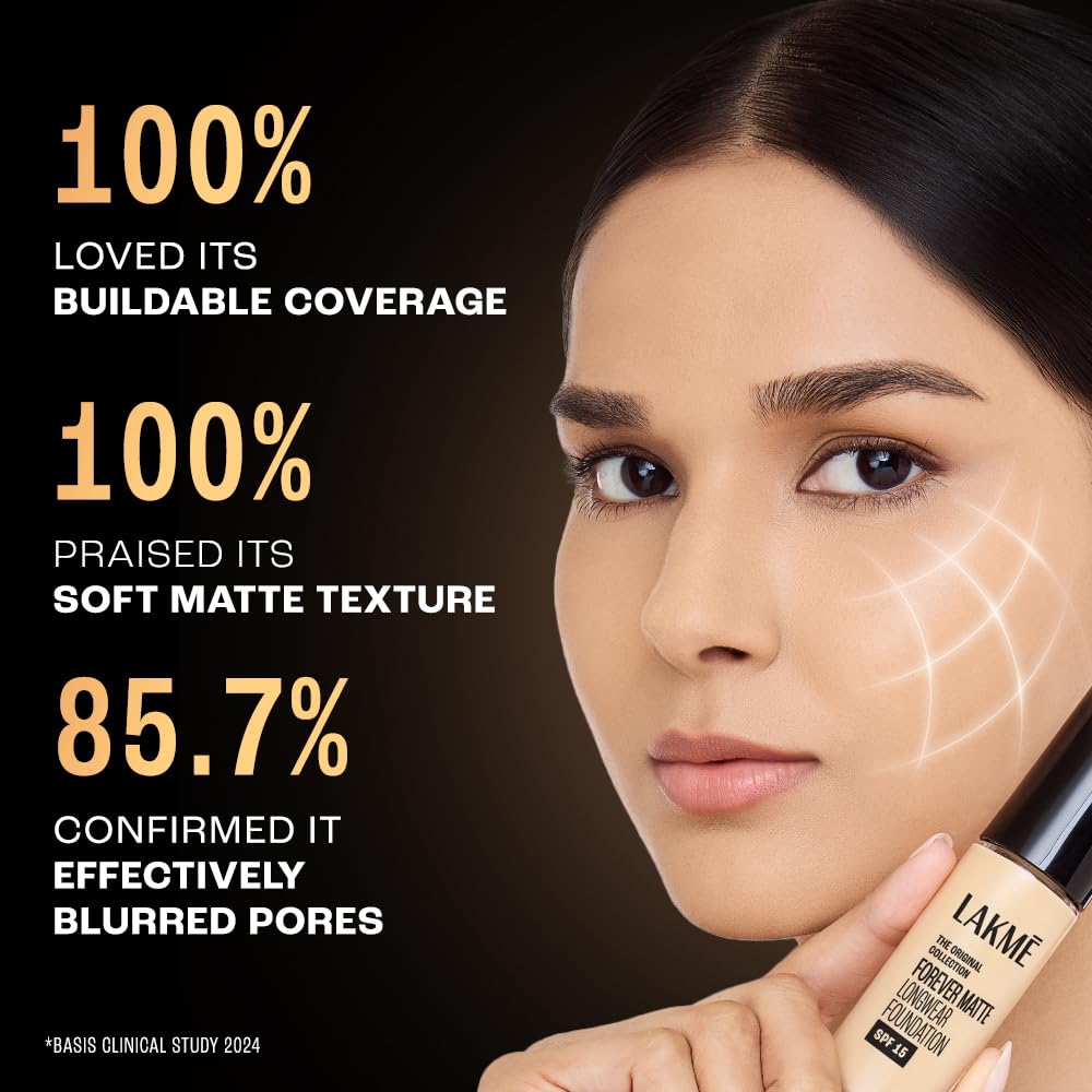 Lakme Forever Matte Longwear Foundation with SPF 15 and Active Niacinamide | Brightens Skin | Long Lasting Matte Finish - 25 ml