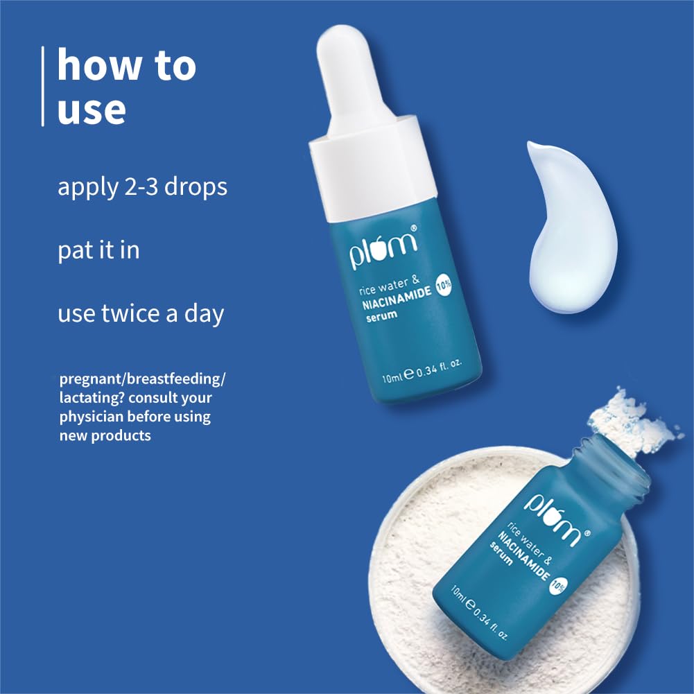 Plum 10% Niacinamide Serum with Rice Water | Provides Clear, Glowing & Brightening Skin | for Acne Prone, Combination, Oily & Sensitive Skin | Oil Control & Anti Acne Face Serum for Women & Men | 10ml