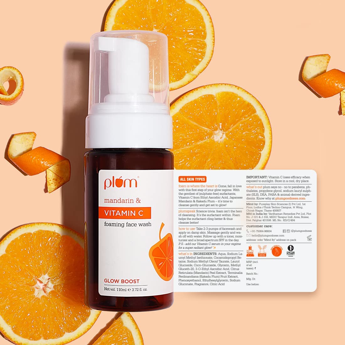 Plum Vitamin C Foaming Face Wash with Mandarin | For Glowing Skin | For Gentle Cleansing | For Hyperpigmentation & Dull Skin | Sulphate-Free | 100% Vegan