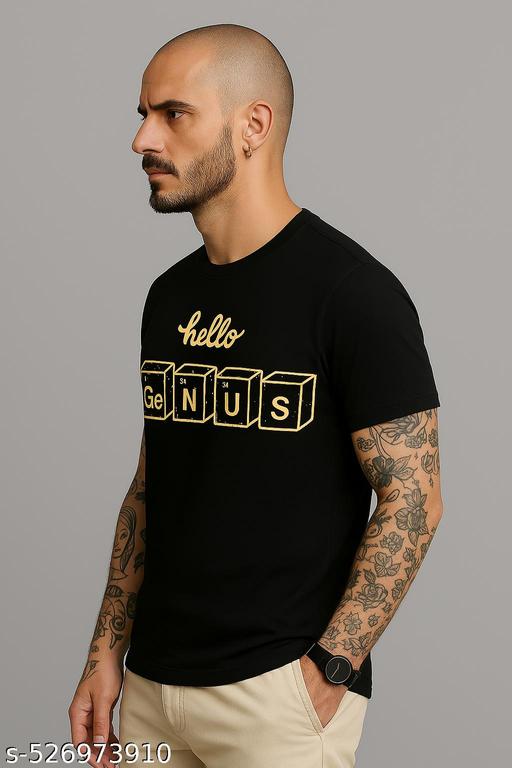 Black Cotton Graphic T-Shirt with 'Hello Genius' Design