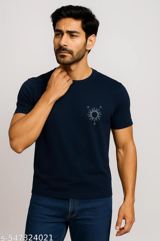 Men's Navy Blue Cotton T-Shirt with Chest Print