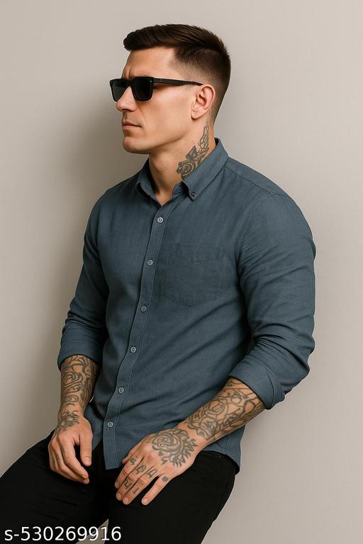 Solid Dark Blue Casual Shirt with Button Down