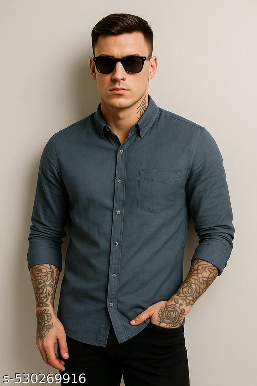 Solid Dark Blue Casual Shirt with Button Down